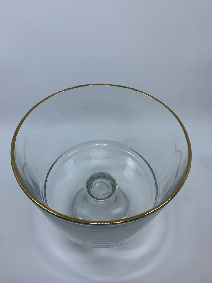 CLEAR GLASS TRIFLE BOWL W/GOLD RIM.