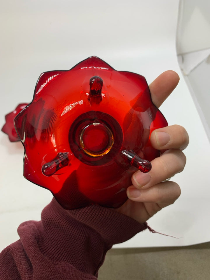 2 RUBY RED LOTUS FLOWER SHAPED FOOTED TAPERED CANDLE HOLDERS.