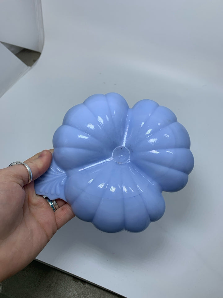 PALE BLUE MILK GLASS DIVIDED CLOVER SHAPED DISH.