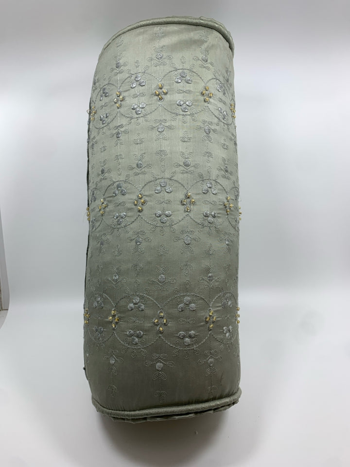 BEADED CYLINDER PILLOW W/CROSS STITCH.