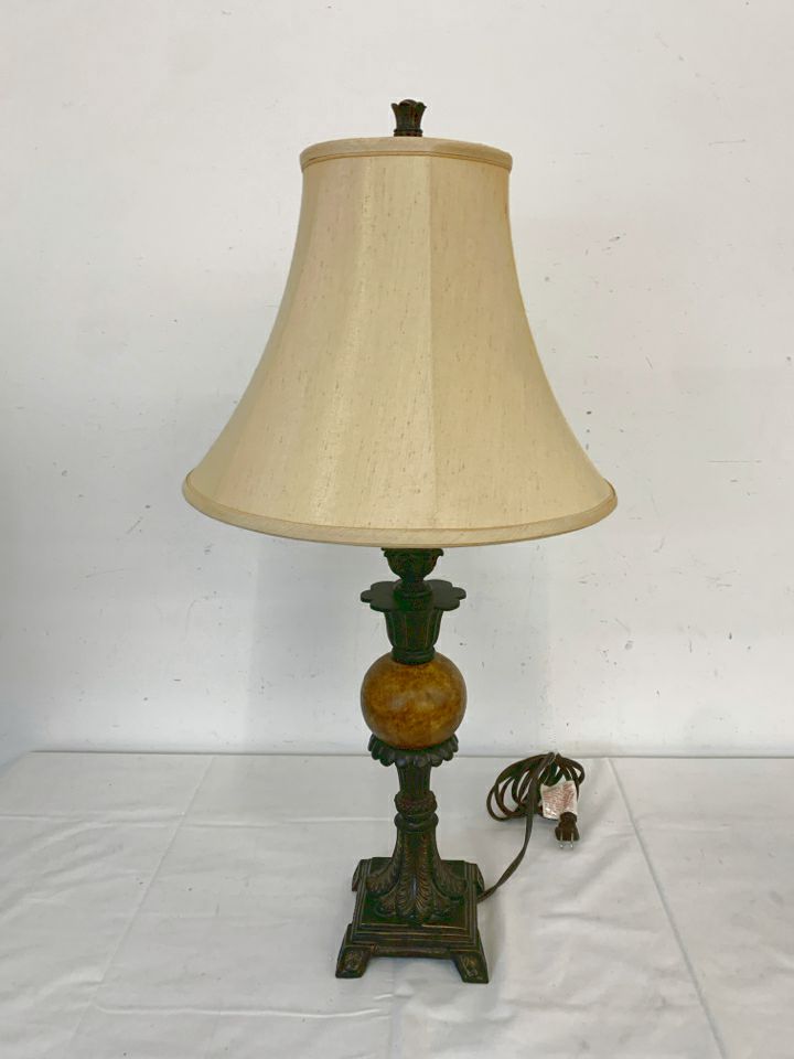 DARK MARBLE URN SCROLL LAMP W TAN SHADE.