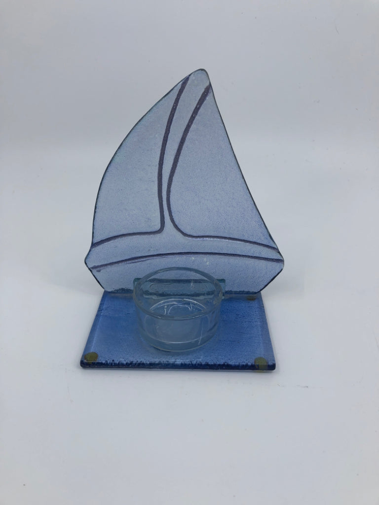 SAILBOAT BLUE GLASS TEA LIGHT HOLDER.