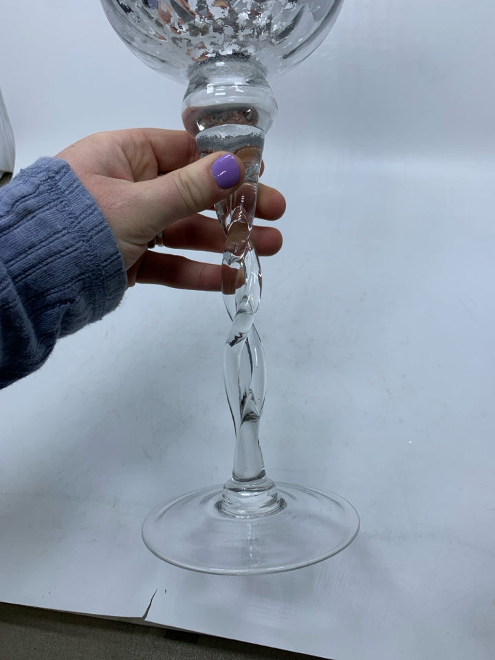 MERCURY GLASS TALL CANDLE HOLDER.