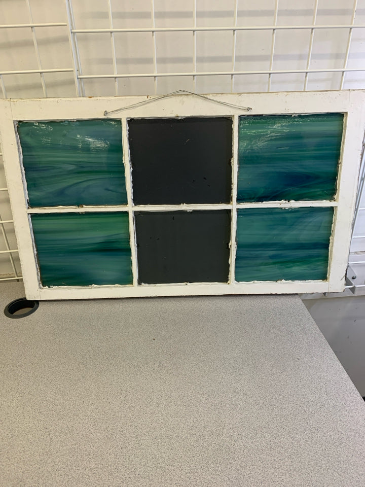 WOODEN MIRROR WINDOW-PANE W/BLUE&GREEN MARBLED GLASS.