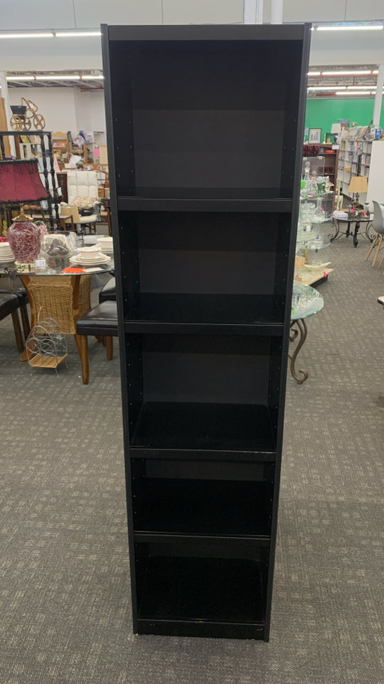 BLACK NARROW 5-SHELF BOOK CASE.