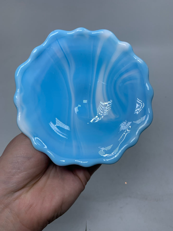 2 VTG CABBAGE ROSE BLUE MARBLE SLAG GLASS TAPERED CANDLE HOLDERS.