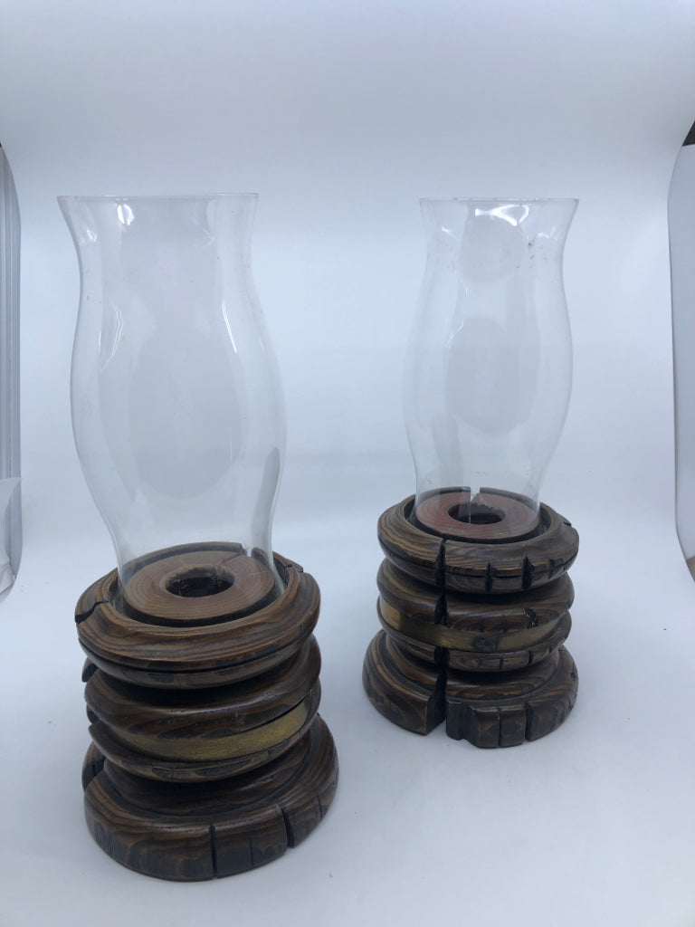 2 WOOD +GLASS PILLAR HURRICANE CANDLE HOLDERS.