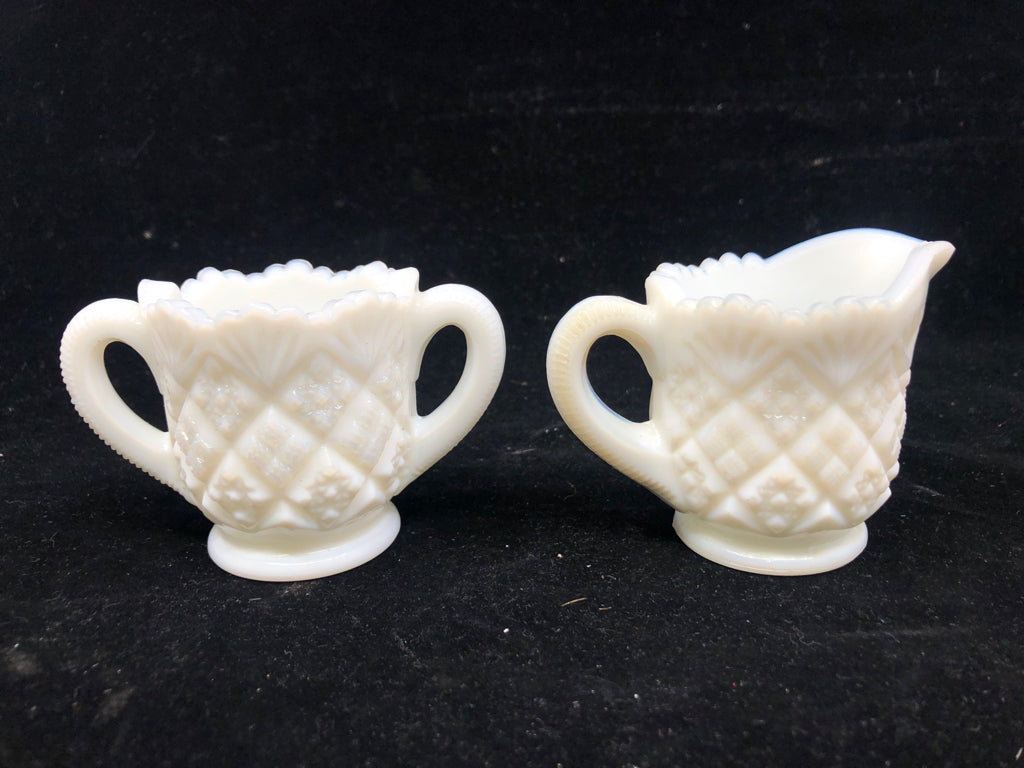 VTG SAWTOOTH EDGE MINI MILK GLASS SUGAR AND CREAMER.