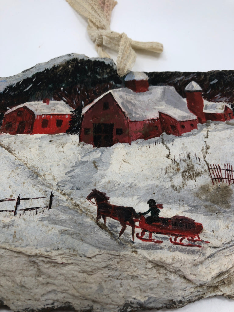 RED BARN SNOW SCENE PAINTED HANGING SLATE.