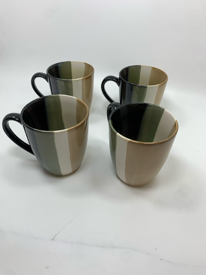 4 TAN/BLACK STRIPE COFFE MUGS.