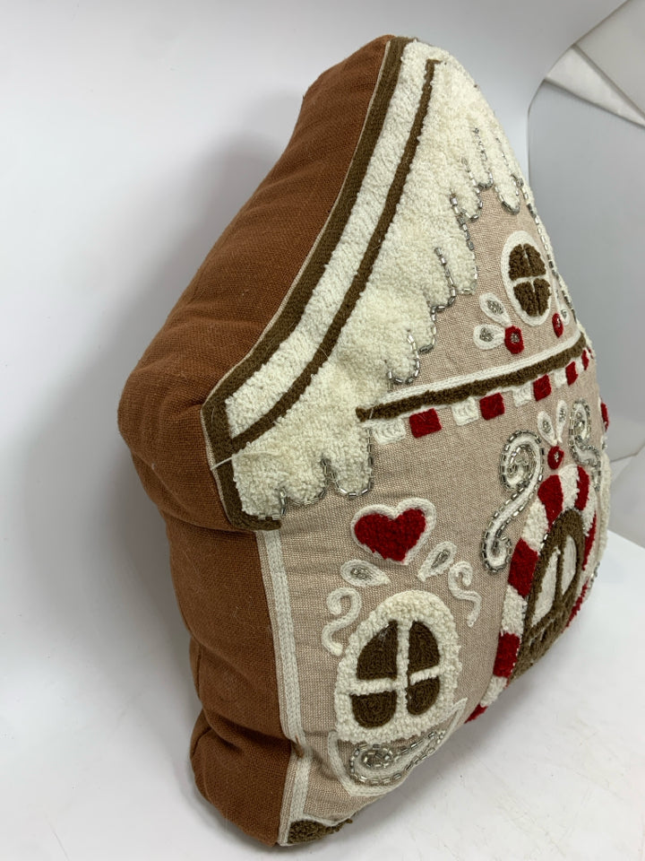 BEADED GINGERBREAD HOUSE PILLOW.