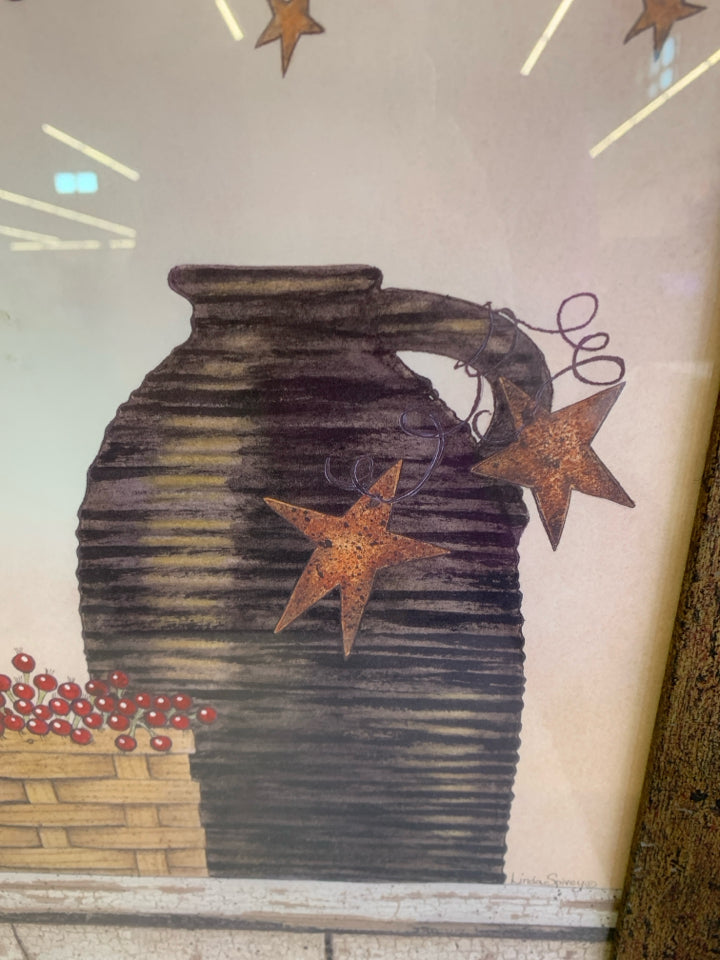 PRIMITIVE WALL ART W/ BASKET,CANDLES,PLATES,JUG.