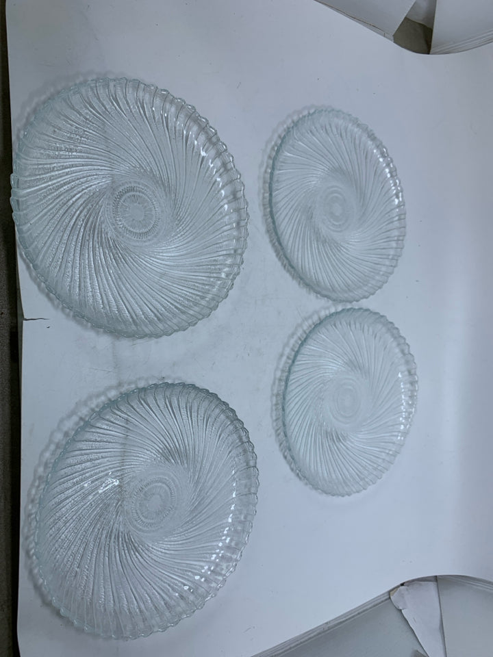 4 GLASS SWIRL SALAD PLATES.