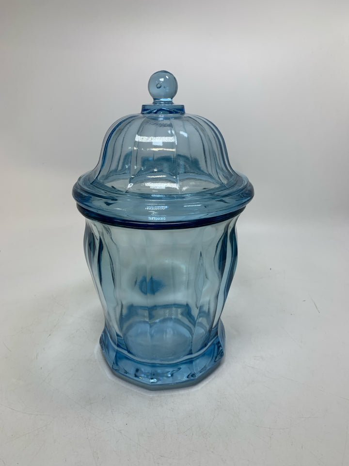 HEAVY LIGHT BLUE THICK GLASS CANISTER.