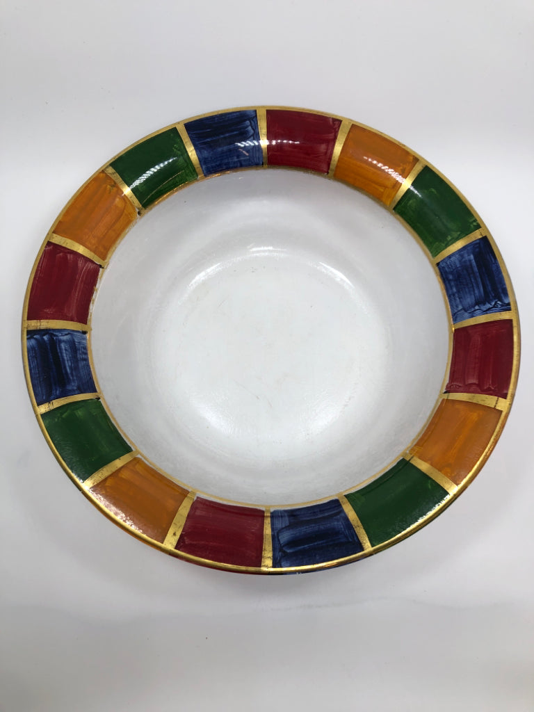 GLASS SERVING BOWL W/COLORFUL AND GOLD EDGE.