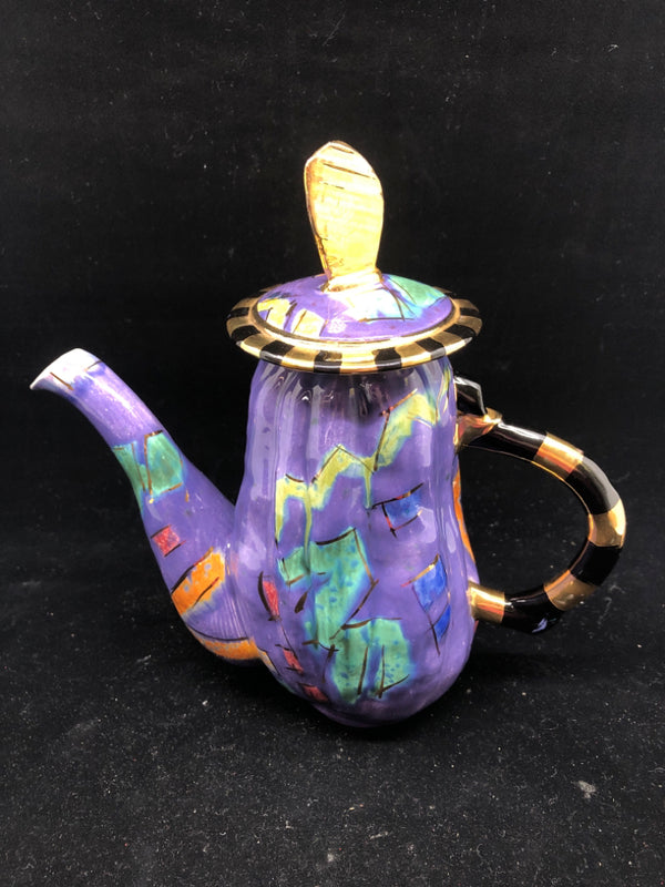 WHIMSICAL COLORFUL TEA POT GOLD LID TOPPER.