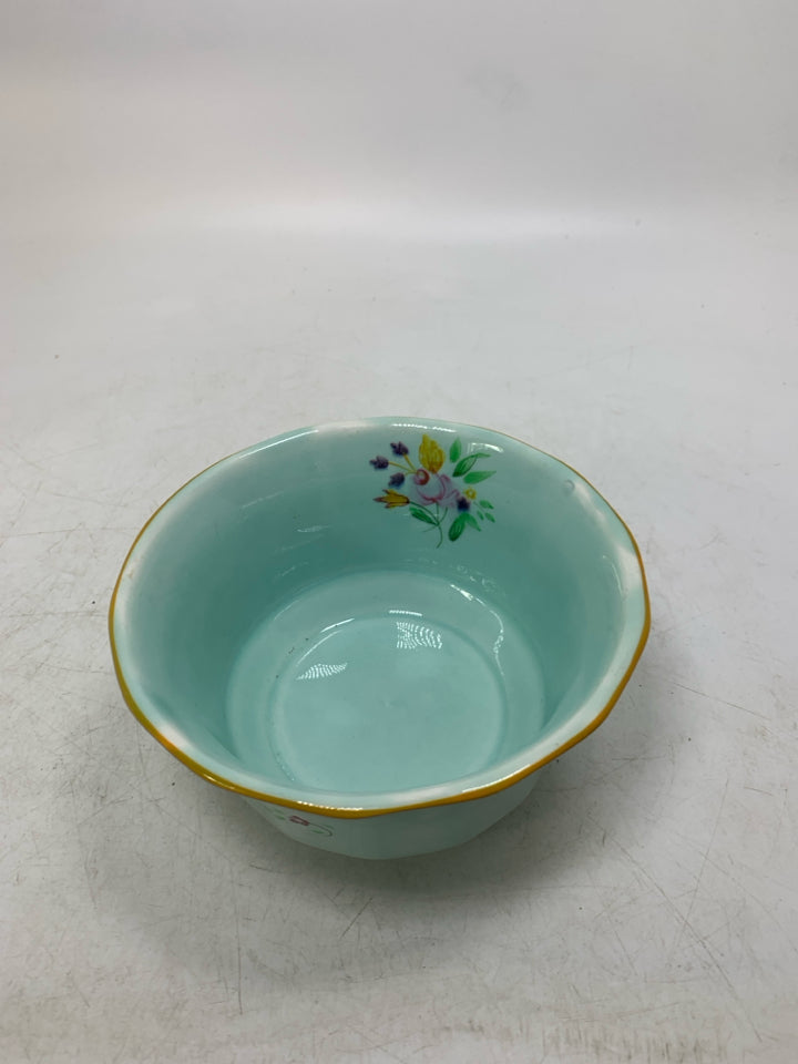 LIGHT BLUE IRONSTONE SMALL BOWL W/ RED DETAILED EDGE.