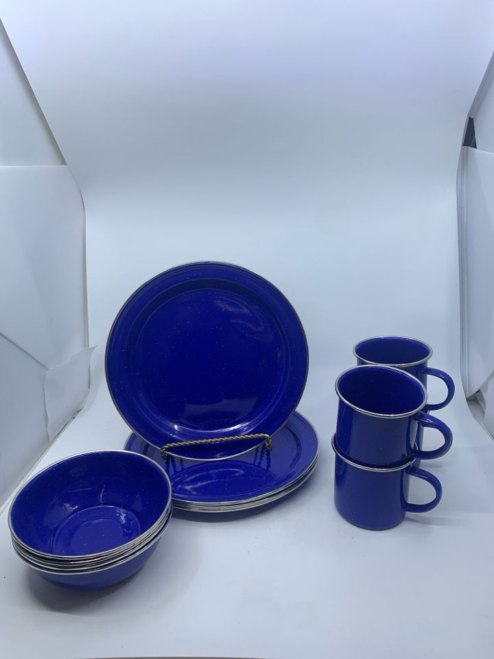 12 PC ENAMEL DISH SET BLUE SPECKLED- SVC 4.