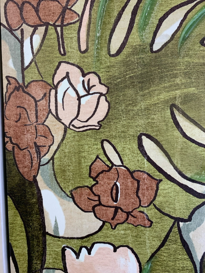 NEW PINK & GREEN FLORAL WALL ART W/ GOLD ACCENTS & PALE PINK BORDER.