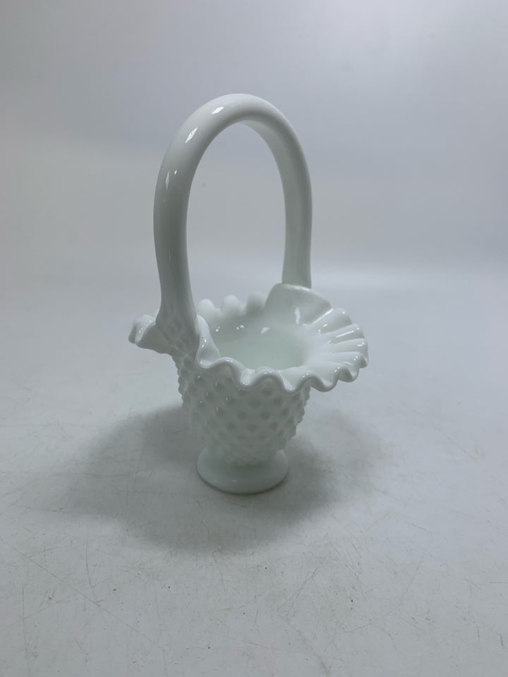 SMALL MILK GLASS HOBNAIL BASKET W/ RUFFLED EDGE.