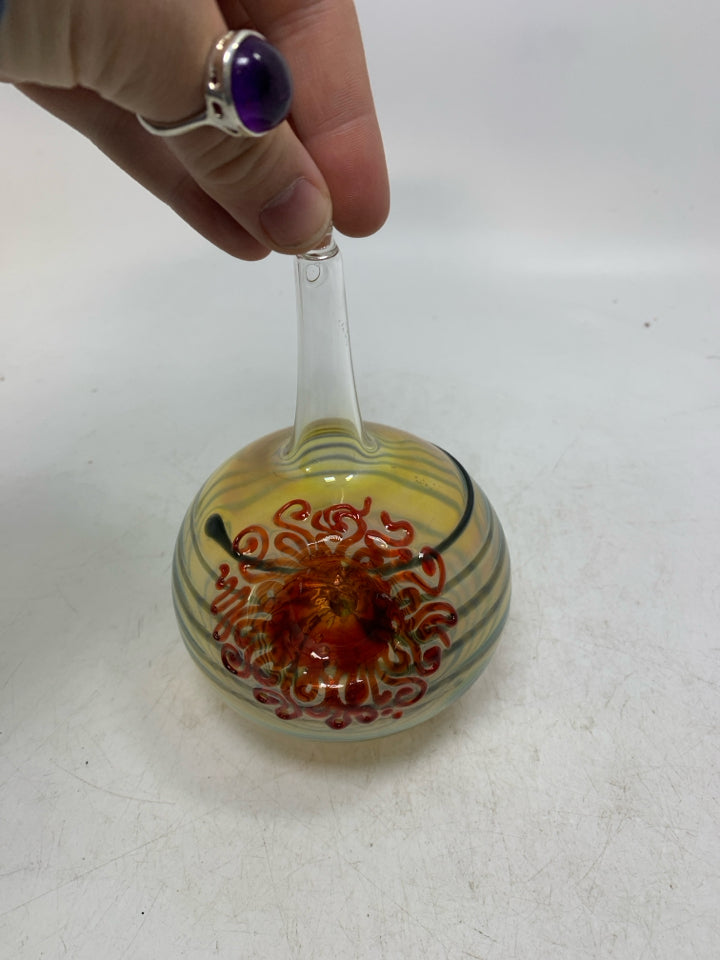 BLOWN GLASS ORB STRIPED W/ RED FLOWER IN CENTER  HANGING VASE/HUMMINGBIRD FEEDER