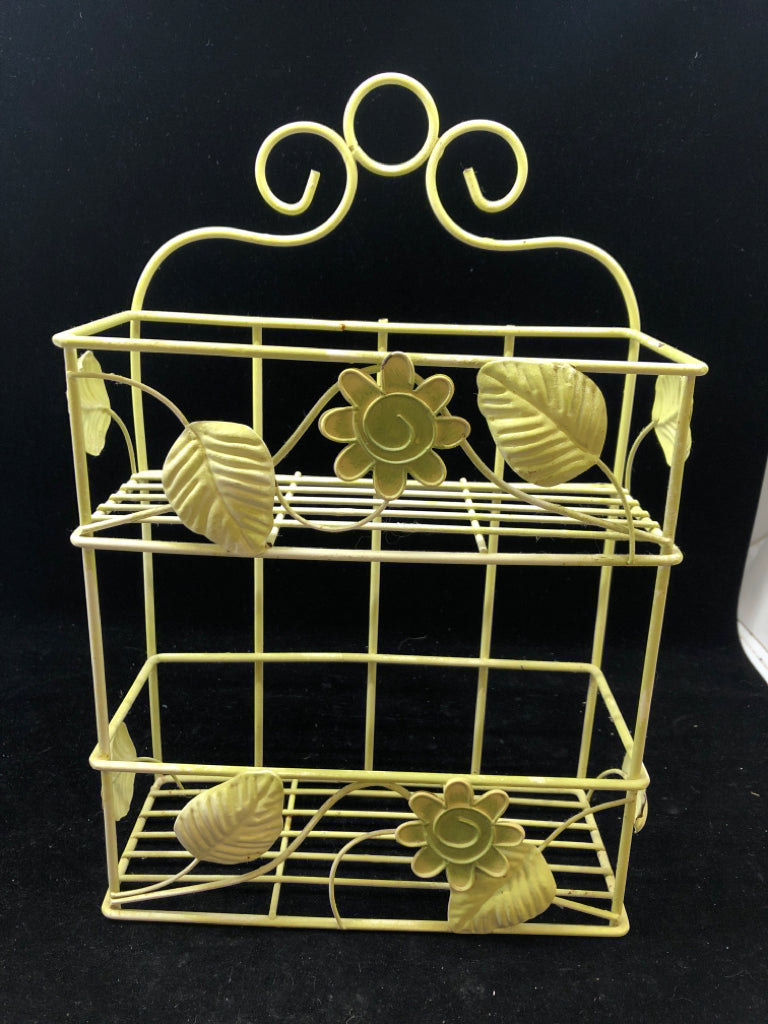 LIGHT GREEN WIRE ORGANIZER SHELF HANGING W/WELDED LEAVES & FLOWER.