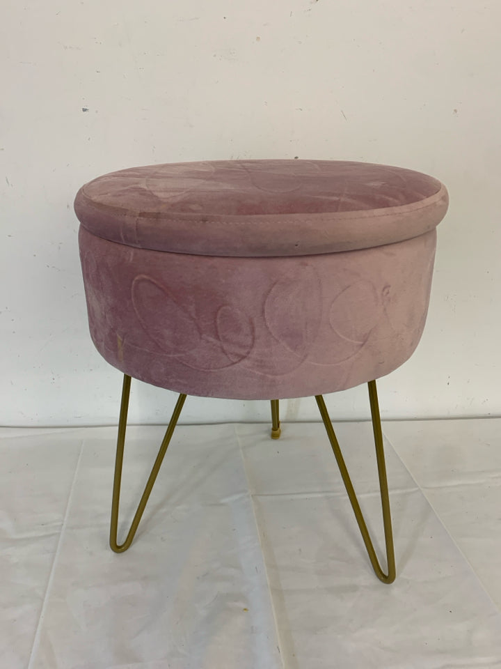 SMALL PINK FABRIC 3 LEGGED STOOL W STORAGE.