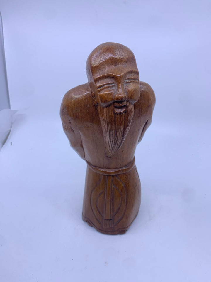 WOOD CARVED MAN W/ HANDS BEHIND BACK LONG BEARD.