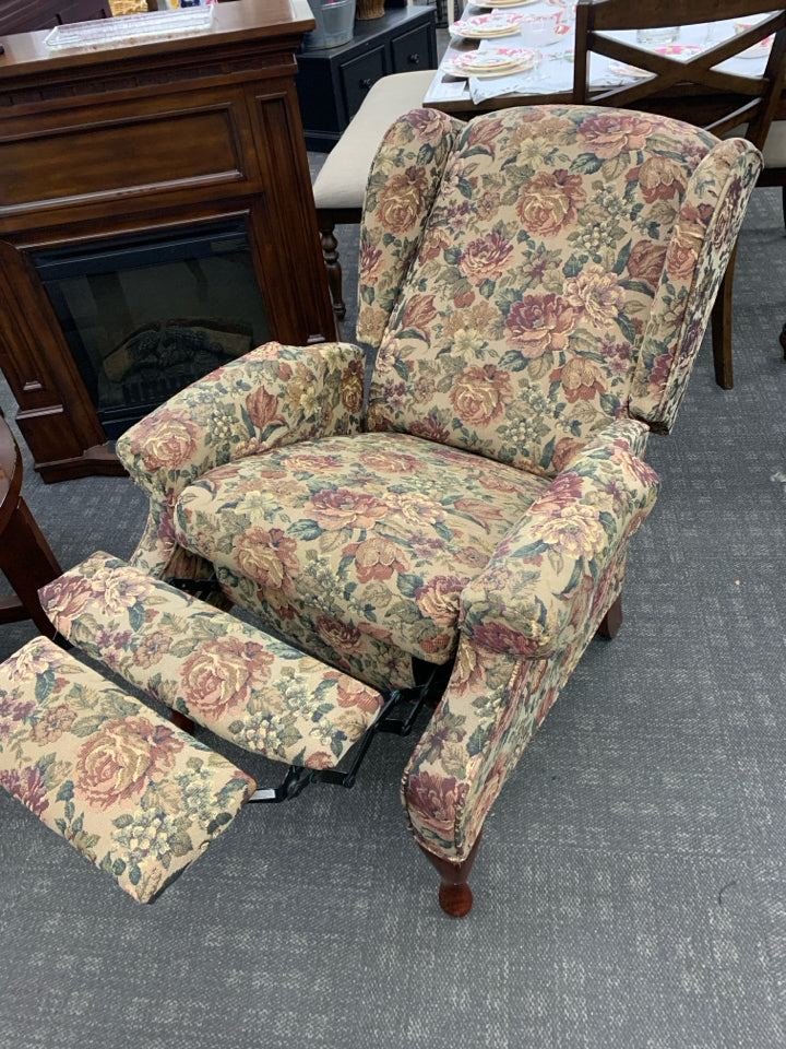 DARK ROSE PATTERN RECLINER W/ ARM COVERS.