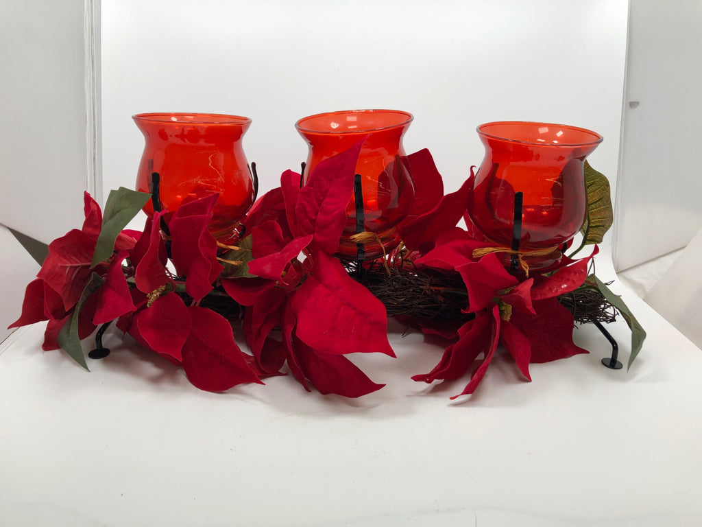 FAUX POINSETTIA VOTIVE CENTERPIECE RED GLASS VOTIVE HOLDERS.