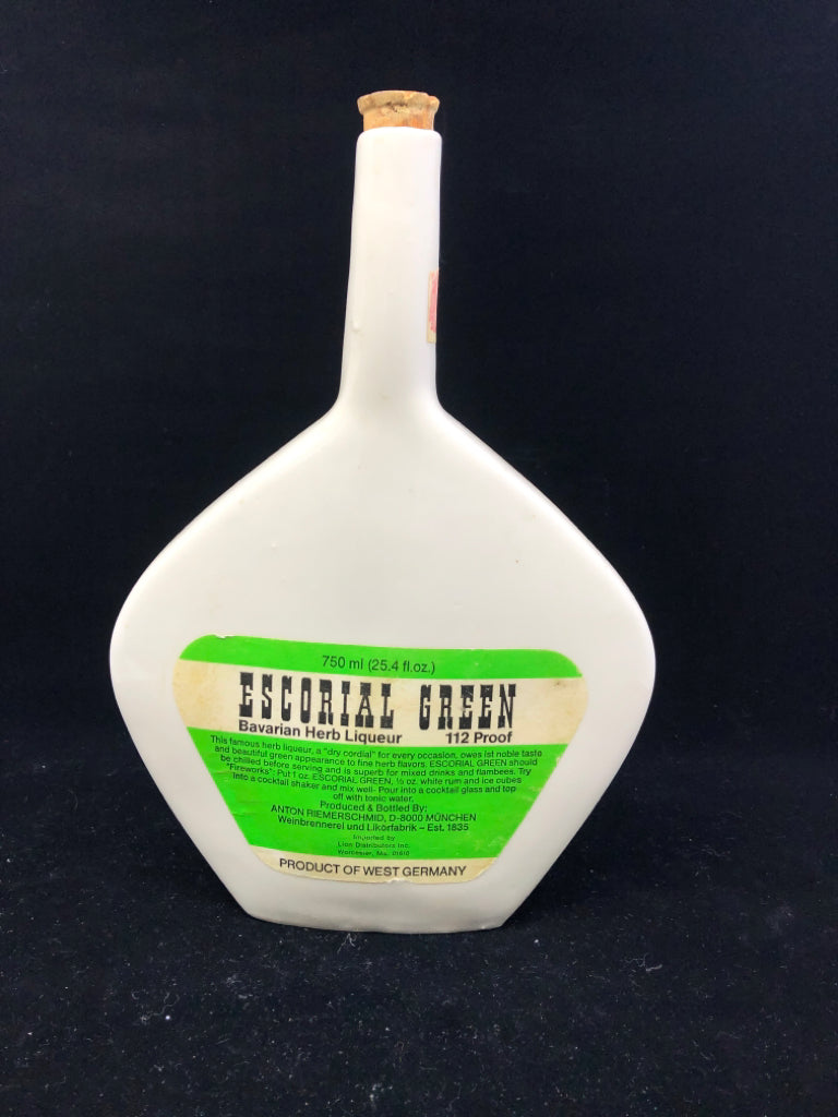 VTG WHITE LIQUEUR ESCORIAL GREEN - W GERMANY EMPTY BOTTLE BAVARIAN HERB.