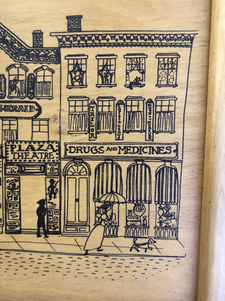 VTG WOOD WALL ART W/ TOWN ILLUSTRATION.