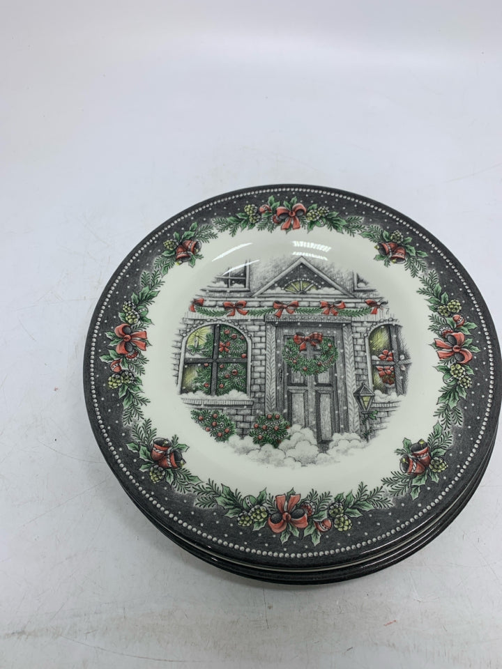 4 ROYAL STAFFORD LUNCH PLATES W/ DECORATED FRONT OF A HOUSE.
