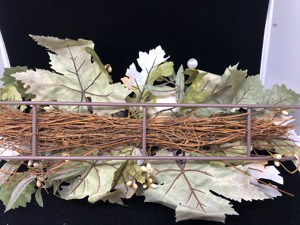 WHITE PUMPKIN GREEN LEAVES BROWN METAL PILLAR CANDLE HOLDER.