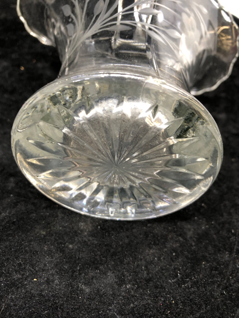 VTG ETCHED GLASS BASKET W/FLOWERS.