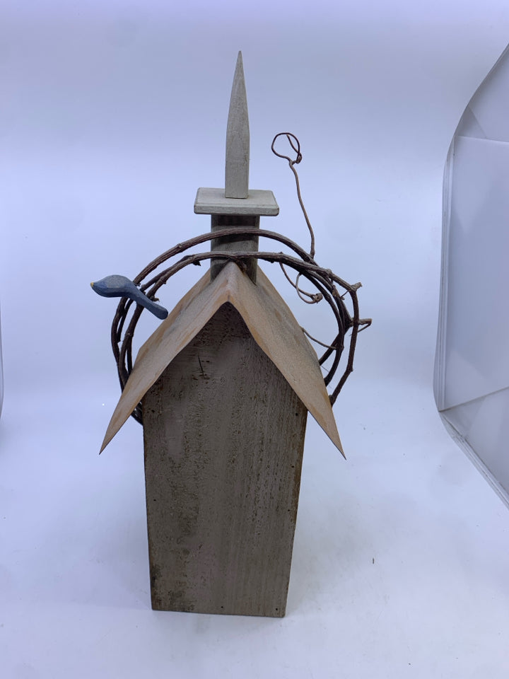 RUSTIC WOOD STEEPLE W/TWIGS & BLUE BIRDS.