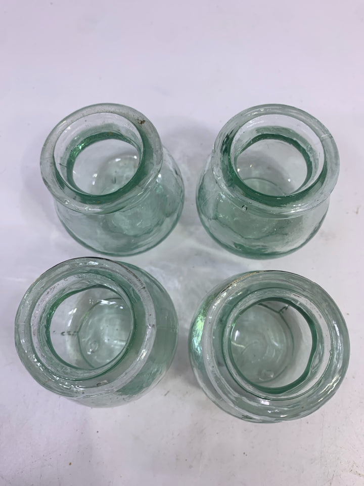 4 MINI GREEN GLASS JARS IN BAG.