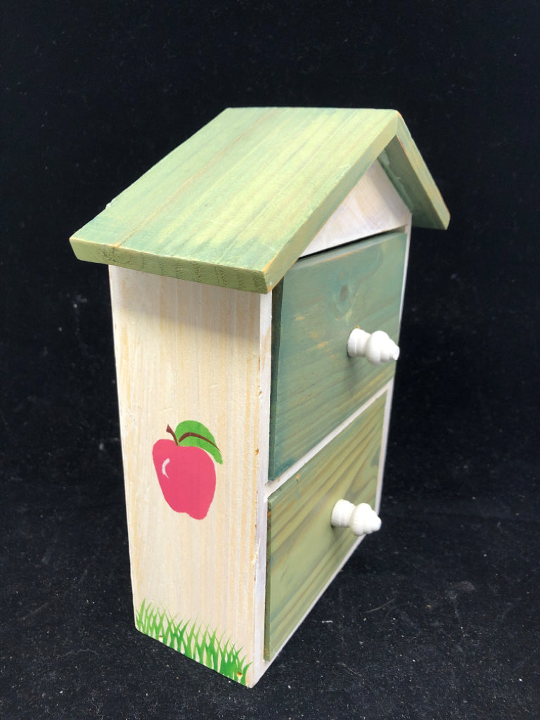 SMALL WOOD HOUSE STORAGE W/ 2 DRAWERS GREEN/WHITE APPLES.