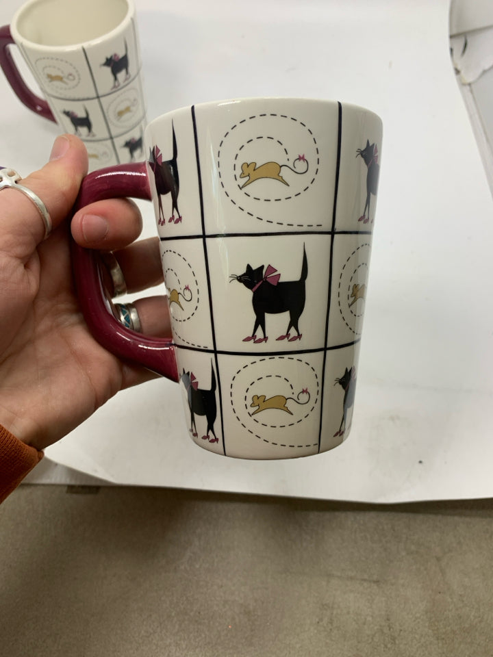 2 BLACK CATS W/ HEELS AND MICE DETAILED MUGS.