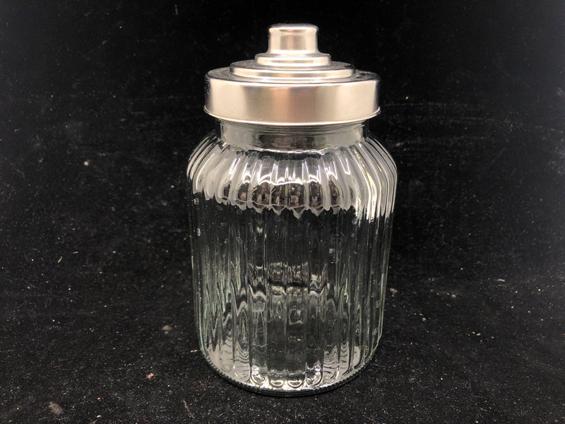 2 RIBBED GLASS CANISTER W SILVER TOP.