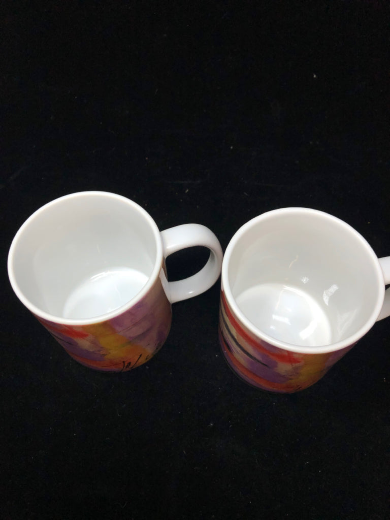 2 ABSTRACT PRINTED MUGS.