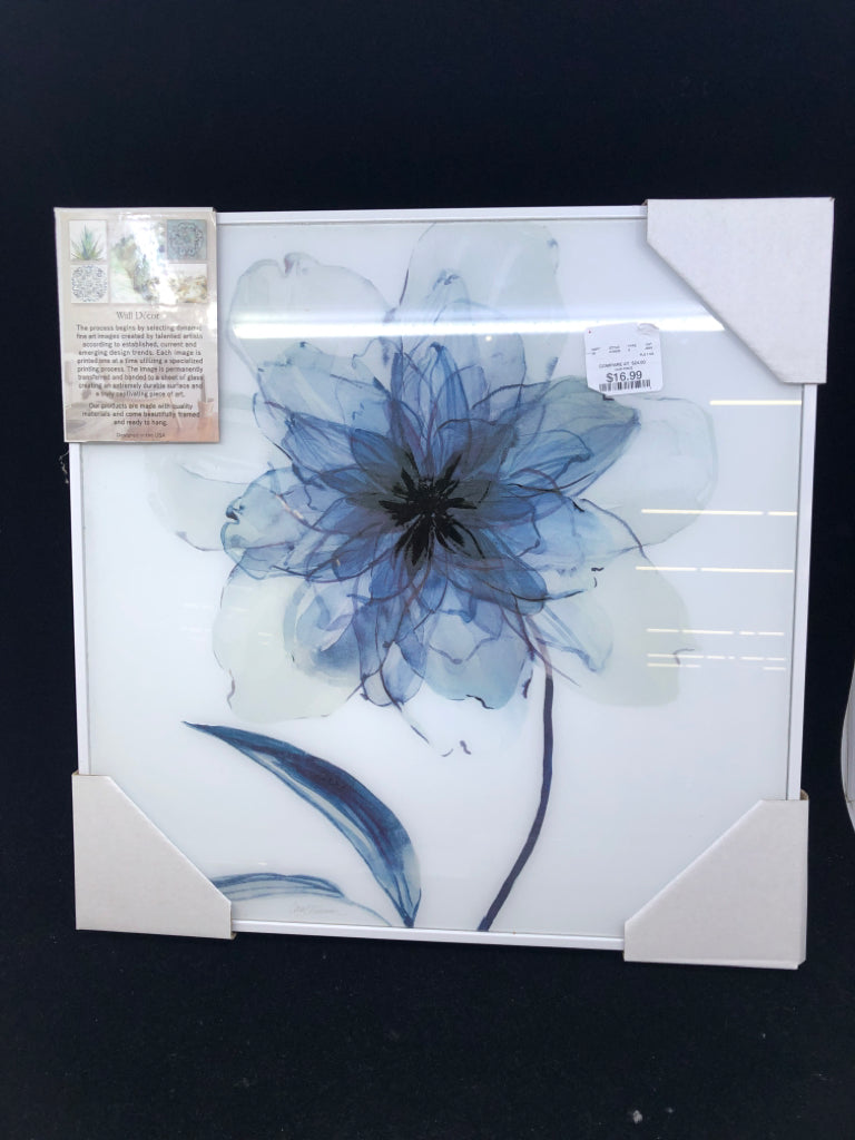 NIP WALL HANGING DARK BLUE FLOWER GLASS COVER WHITE FRAME SIGNED.