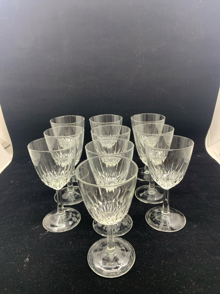 10 FOOTED CUT GLASS WINE GLASSES.