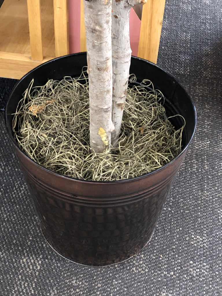 FAUX TREE IN METAL PLANTER.