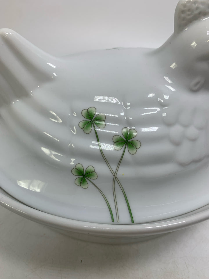 HEN ON NEST PORCELAIN SHAMROCK COVERED OVAL DISH MARCUS NOTLEY IRELAND.