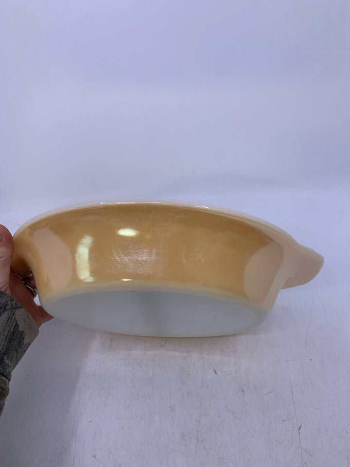 VTG OVAL IRIDESCENT ORANGE DIVIDED BAKING DISH.