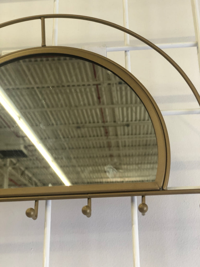 METAL HALF MOON MIRROR W/ 7 HOOKS WALL HANGING.