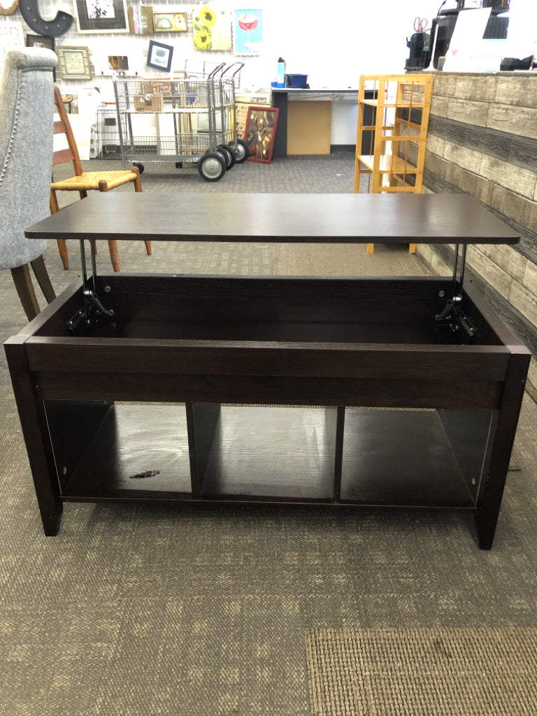 DARK FAUX CHERRY WOOD LIFT TOP COFFEE TABLE W/ 3 CUBBIES.
