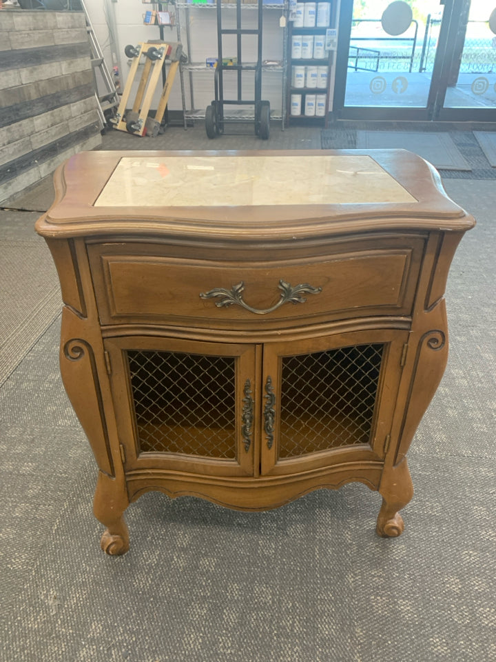 WOOD SIDE TABLE WITH MARBLE TILE TOP.