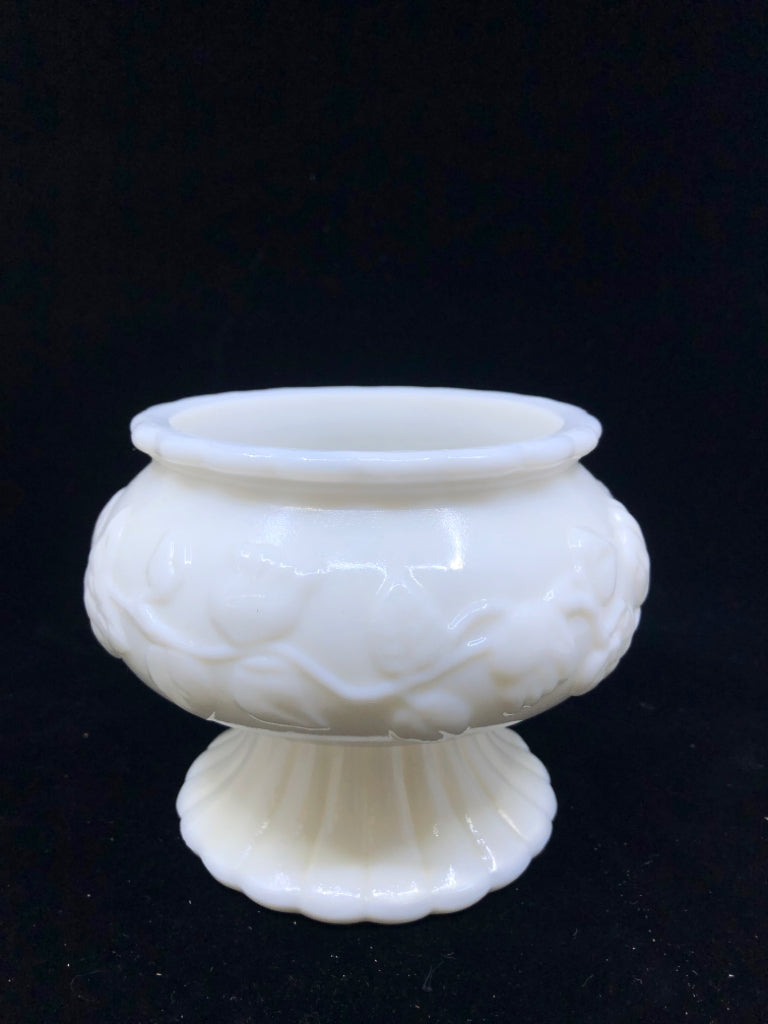 VTG FOOTED MILK GLASS EMBOSSED ROSES VASE.